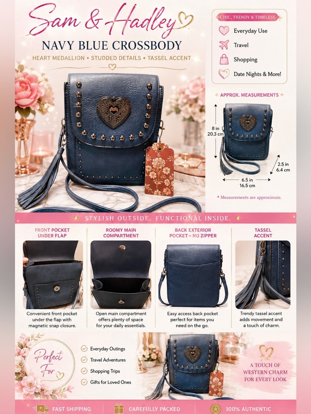 NAVY BLUE CROSSBODY BAG WITH with HEART Medallions